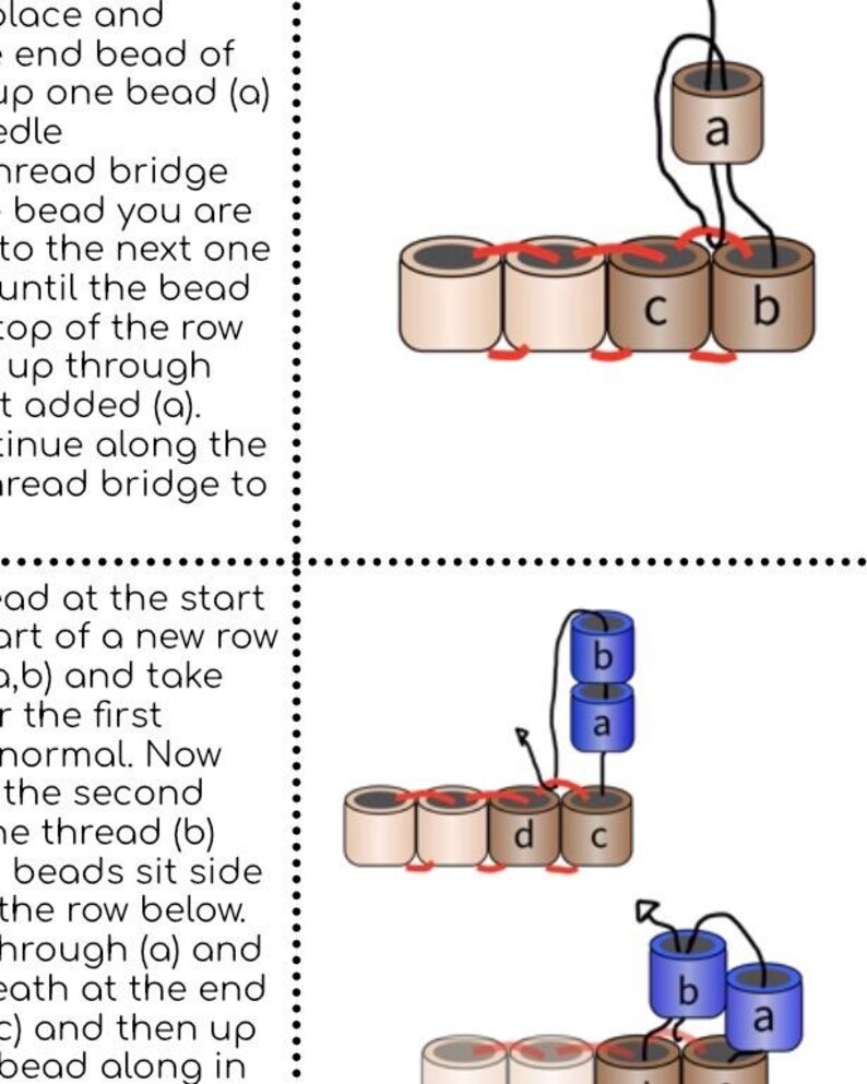 Pode incluir: Diagrama que ilustra instru&ccedil;&otilde;es de contas. A imagem mostra um guia passo a passo com contas rotuladas (a, b, c, d) e caminhos de fio em vermelho. As instru&ccedil;&otilde;es s&atilde;o acompanhadas por texto que explica o processo.