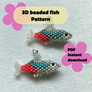 May include: Two beaded fish patterns are shown, each with a red, teal, and silver colour scheme. The text "3D beaded fish Pattern" is displayed above the fish. The text "PDF instant download" is displayed below the fish.