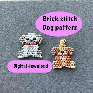 May include: Two beaded dog patterns in white, gray, and tan, with red accents. The text "Brick stitch Dog pattern" and "Digital download" are displayed on a gray background. These are likely for crafting.