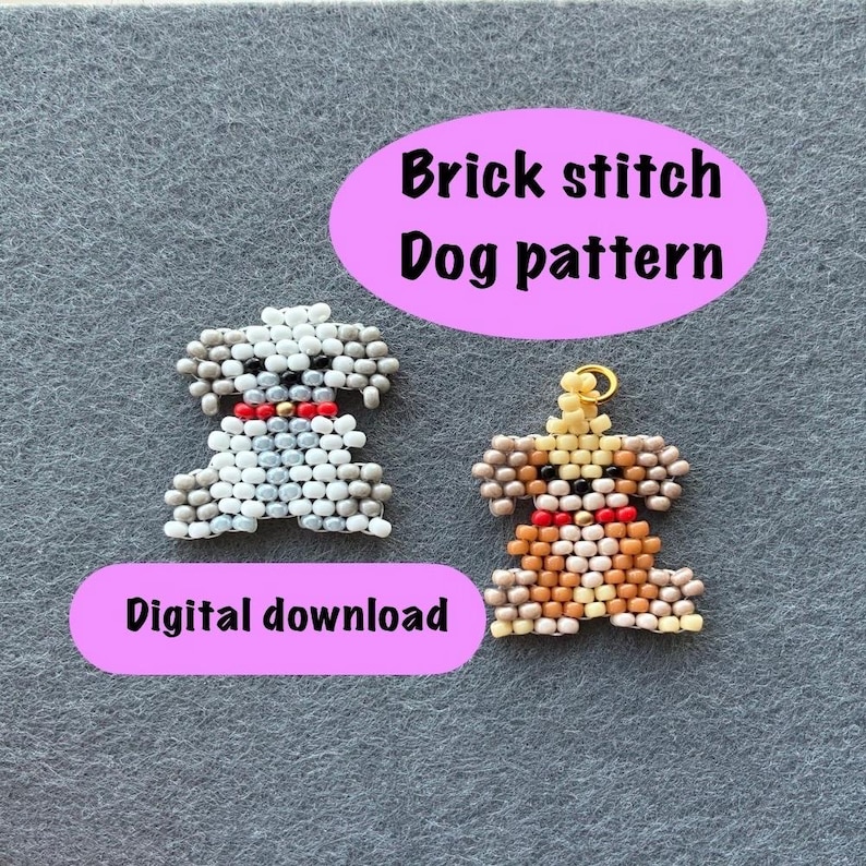 May include: Two beaded dog patterns in white, gray, and tan, with red accents. The text "Brick stitch Dog pattern" and "Digital download" are displayed on a gray background. These are likely for crafting.