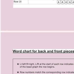 Puede incluir: Un gr&aacute;fico de patrones de cuentas con filas de la letra "A". El gr&aacute;fico es para piezas traseras y delanteras, con instrucciones que incluyen n&uacute;meros de fila e indicaciones de color. El texto "Word chart for back and front pieces" est&aacute; en la parte superior.
