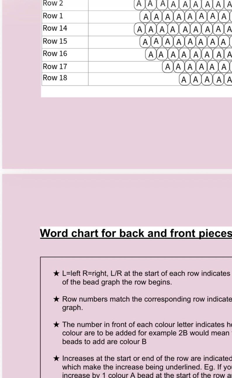 Puede incluir: Un gr&aacute;fico de patrones de cuentas con filas de la letra "A". El gr&aacute;fico es para piezas traseras y delanteras, con instrucciones que incluyen n&uacute;meros de fila e indicaciones de color. El texto "Word chart for back and front pieces" est&aacute; en la parte superior.