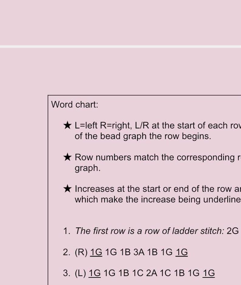 Op de afbeelding: Een witte pagina met tekst die een woordtabel voor een kralengrafiek beschrijft. De tabel legt rijnummers, verhogingen en steekinstructies uit. De tekst bevat afkortingen zoals "L", "R", "G", "B" en "A".