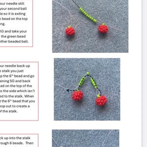 May include: Step-by-step instructions for crafting beaded berry earrings. The image shows close-up views of the beading process, with red beaded berries, green beaded stems, and a needle and thread. The background is a gray fabric.