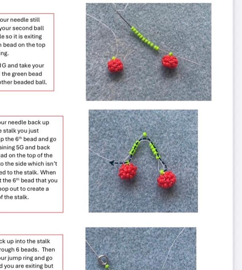 May include: Step-by-step instructions for crafting beaded berry earrings. The image shows close-up views of the beading process, with red beaded berries, green beaded stems, and a needle and thread. The background is a gray fabric.