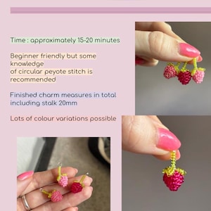 May include: Beaded raspberry charms crafted with small glass beads in shades of pink and red, featuring green beaded stalks. Each finished charm measures 20mm in total length. The text on the image provides instructions for a craft project.