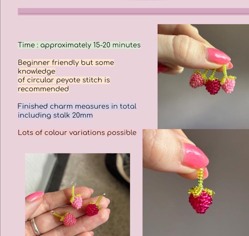 May include: Beaded raspberry charms crafted with small glass beads in shades of pink and red, featuring green beaded stalks. Each finished charm measures 20mm in total length. The text on the image provides instructions for a craft project.