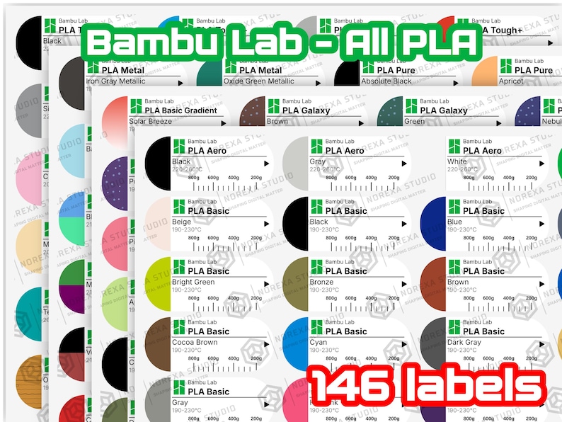 Puede incluir: Una colecci&oacute;n de 146 etiquetas de filamento PLA Bambu Lab dispuestas en hojas superpuestas. Cada etiqueta muestra el logotipo de la marca, tipo de material, nombre del color, rango de temperatura y peso en gramos. El texto Bambu Lab - All PLA es visible.