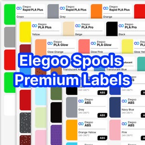 Puede incluir: Una colección de bobinas Elegoo con etiquetas premium. Las etiquetas muestran varios colores, incluyendo verde, gris, naranja, amarillo, beige, negro, naranja brillante, rosa brillante, azul translúcido, gris, azul marino, amarillo anaranjado y rosa.
