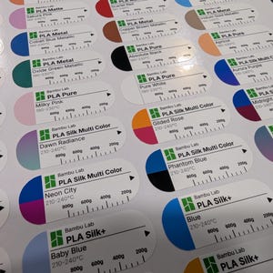 Puede incluir: Una hoja de etiquetas adhesivas rectangulares para filamento de impresora 3D, cada una con el logotipo de Bambu Lab, tipo de material, nombre del color, rango de temperatura y una escala de peso de 200g a 800g, en varios colores como rosa, rojo, azul, verde y negro.