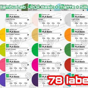 Puede incluir: Una colecci&oacute;n de 78 etiquetas adhesivas para bobinas de filamento Bambu Lab PLA Basic, Matte y Silk. Cada etiqueta presenta un c&iacute;rculo de color, el logotipo de Bambu Lab, tipo de filamento, nombre del color, 190-230&deg;C y una escala de peso.