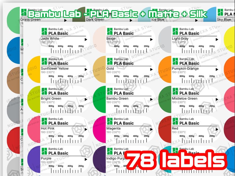 Puede incluir: Una colecci&oacute;n de 78 etiquetas adhesivas para bobinas de filamento Bambu Lab PLA Basic, Matte y Silk. Cada etiqueta presenta un c&iacute;rculo de color, el logotipo de Bambu Lab, tipo de filamento, nombre del color, 190-230&deg;C y una escala de peso.