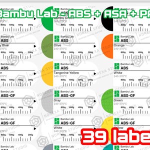 Puede incluir: Una hoja de 39 etiquetas adhesivas para filamento de impresi&oacute;n 3D Bambu Lab, incluyendo tipos ABS, ASA y PA. Cada etiqueta presenta un c&iacute;rculo de color, el nombre del material, un rango de temperatura de 240-270&deg;C y una escala de peso.