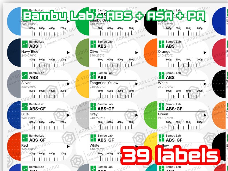 Puede incluir: Una hoja de 39 etiquetas adhesivas para filamento de impresi&oacute;n 3D Bambu Lab, incluyendo tipos ABS, ASA y PA. Cada etiqueta presenta un c&iacute;rculo de color, el nombre del material, un rango de temperatura de 240-270&deg;C y una escala de peso.