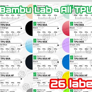 Puede incluir: Una colecci&oacute;n de 26 etiquetas para filamento Bambu Lab TPU con varios colores y especificaciones de material. Cada etiqueta incluye la marca, el tipo de TPU, el rango de temperatura y una escala de peso de 200g a 800g. El texto Bambu Lab - All TPU y 26 labels es visible.