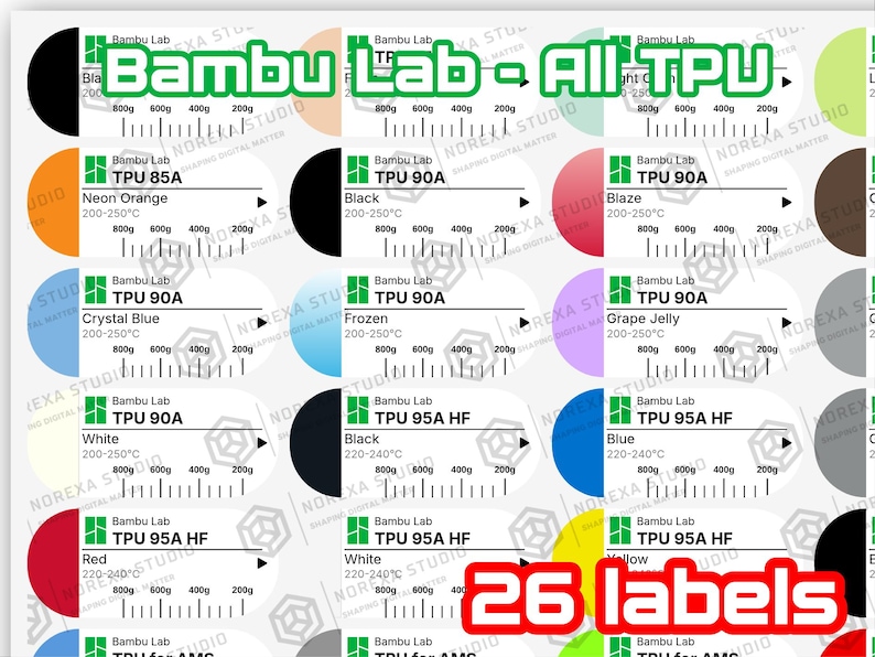 Puede incluir: Una colecci&oacute;n de 26 etiquetas para filamento Bambu Lab TPU con varios colores y especificaciones de material. Cada etiqueta incluye la marca, el tipo de TPU, el rango de temperatura y una escala de peso de 200g a 800g. El texto Bambu Lab - All TPU y 26 labels es visible.