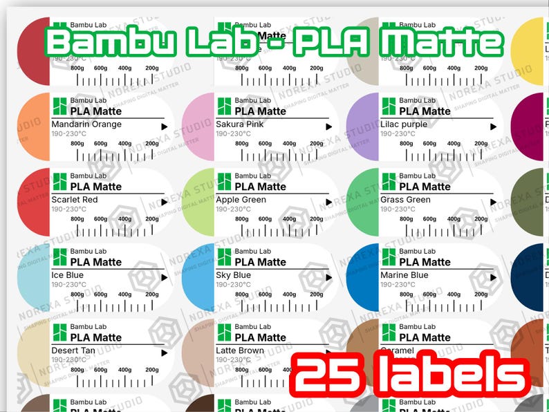 Puede incluir: Una hoja de 25 etiquetas adhesivas para filamento de impresi&oacute;n 3D Bambu Lab PLA Matte. Cada etiqueta muestra una muestra de color, el texto Bambu Lab PLA Matte, un rango de temperatura de 190-230&deg;C y una escala de peso de 200g a 800g.