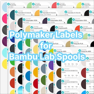 May include: A collection of Polymaker labels for Bambu Lab spools. The labels are round and feature various colors, including light blue, green, red, and yellow. Each label displays the Polymaker logo and product information.