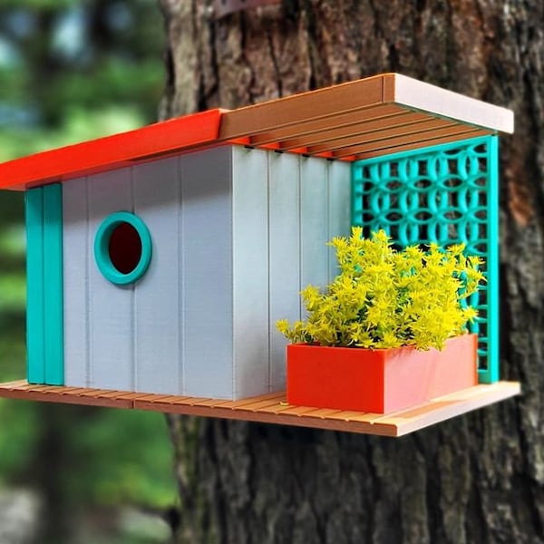 Birdhouse « Modern Mid Century » with planter