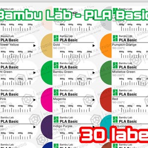 Puede incluir: Una hoja de 30 etiquetas adhesivas rectangulares para filamento Bambu Lab PLA Basic. Cada etiqueta presenta un c&iacute;rculo de color, el texto Bambu Lab PLA Basic, un rango de temperatura de 190-230&deg;C y una escala de peso de 200g a 800g.