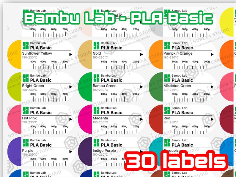 Puede incluir: Una hoja de 30 etiquetas adhesivas rectangulares para filamento Bambu Lab PLA Basic. Cada etiqueta presenta un c&iacute;rculo de color, el texto Bambu Lab PLA Basic, un rango de temperatura de 190-230&deg;C y una escala de peso de 200g a 800g.
