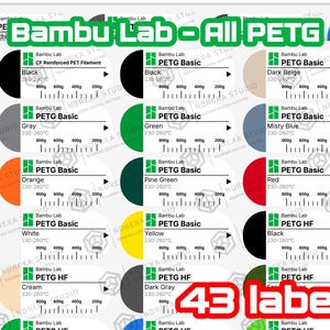 Puede incluir: Una hoja de 43 etiquetas para filamento PETG de Bambu Lab con c&iacute;rculos de colores y texto. Cada etiqueta muestra la marca, el tipo de material, el color, el rango de temperatura y una escala de peso de 200g a 800g para medir el uso.