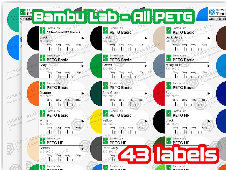 Puede incluir: Una hoja de 43 etiquetas para filamento PETG de Bambu Lab con c&iacute;rculos de colores y texto. Cada etiqueta muestra la marca, el tipo de material, el color, el rango de temperatura y una escala de peso de 200g a 800g para medir el uso.