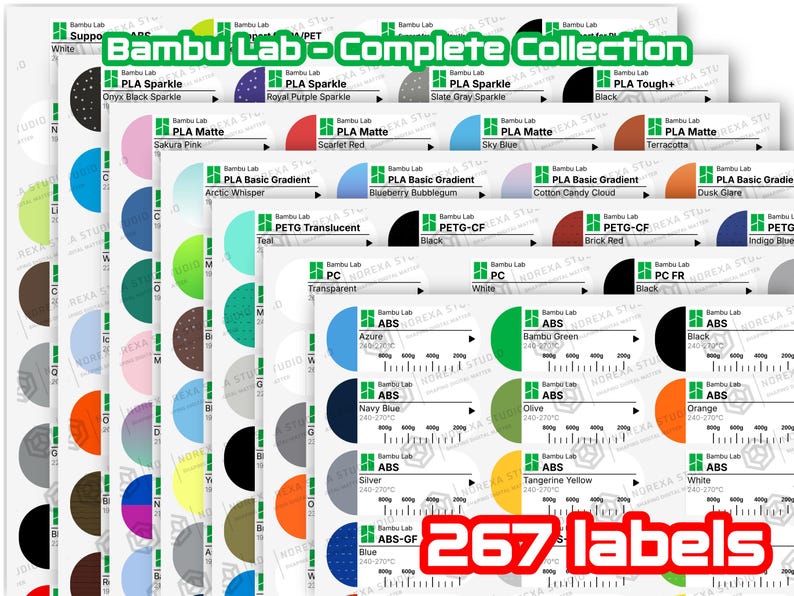 Puede incluir: Una colecci&oacute;n de 267 etiquetas de filamento Bambu Lab dispuestas en hojas superpuestas. Cada etiqueta muestra una muestra de color, tipo de material, nombre espec&iacute;fico del color, rango de temperatura y marcas de peso para filamentos.