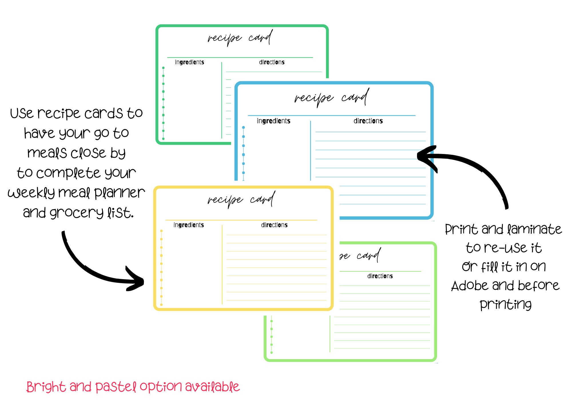 Weekly Meal Planner, Grocery List, Recipe Cards. Bright and Pastel