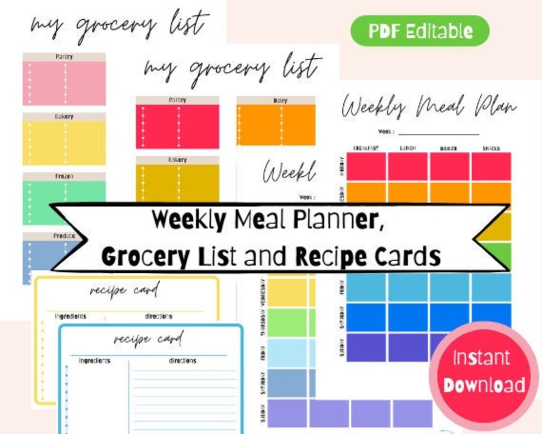 Weekly Meal Planner, Grocery List, Recipe Cards. Bright and Pastel