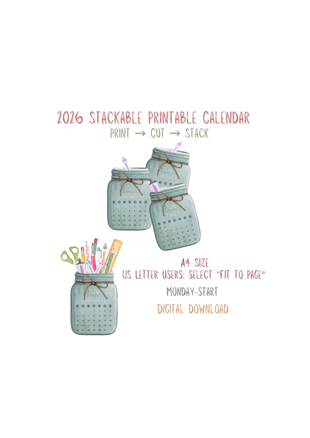 2026 Stackable Stationery Printable Calendar | Cut and Stack Jar ...