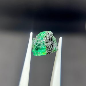 May include: A raw, uncut emerald gemstone held by white tweezers. The stone features a vibrant, translucent green section on one side and a dark, opaque, textured black mineral inclusion on the other, showcasing a natural, irregular crystalline structure.