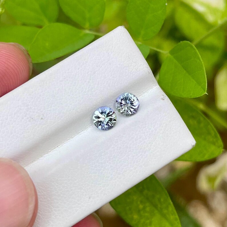 May include: Two round, faceted gemstones with a light blue hue are displayed on a white surface. The gems have a brilliant cut, reflecting light. The background features green foliage, adding a natural contrast to the gems.