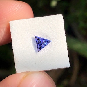 Könnte beinhalten: Ein dreieckiger, tiefblauer Edelstein wird auf einem weißen Quadrat präsentiert. Der Edelstein wird zwischen Fingern gehalten, mit einem verschwommenen grünen Hintergrund. Die Facetten des Edelsteins fangen das Licht ein und zeigen seine brillante Farbe.