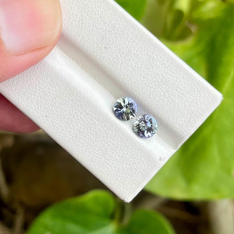 May include: Two round, faceted gemstones with a light blue hue are displayed on a white surface. The gems have intricate internal patterns, reflecting light. The image is taken outdoors, with green foliage in the background.