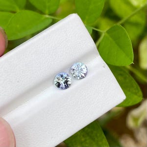 May include: Two round, faceted gemstones with a light blue and purple hue, resting on a white surface. The gems are displayed against a backdrop of green foliage, showcasing their brilliance and clarity. The gems are likely for jewelry.