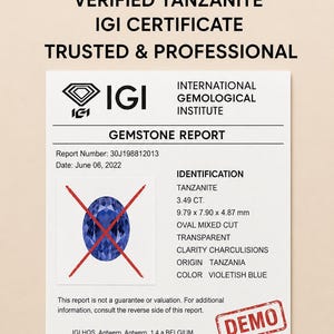 Authentic IGI Gemstone Certification – Tanzanite IGI Certificate (Sample Demo Only) | IGI Report Option (Full / Short Available)