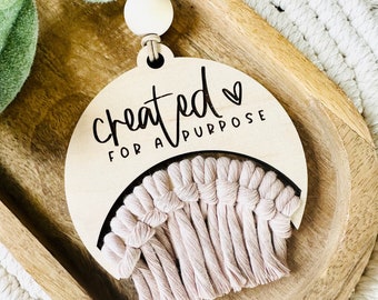 Macrame Car Charm: Laser Engraved Maple Wood, Inspirational Gift