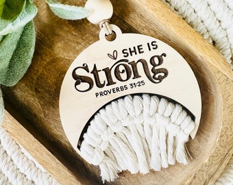 She Is Strong Car Charm: Macrame Rearview Mirror Accessory