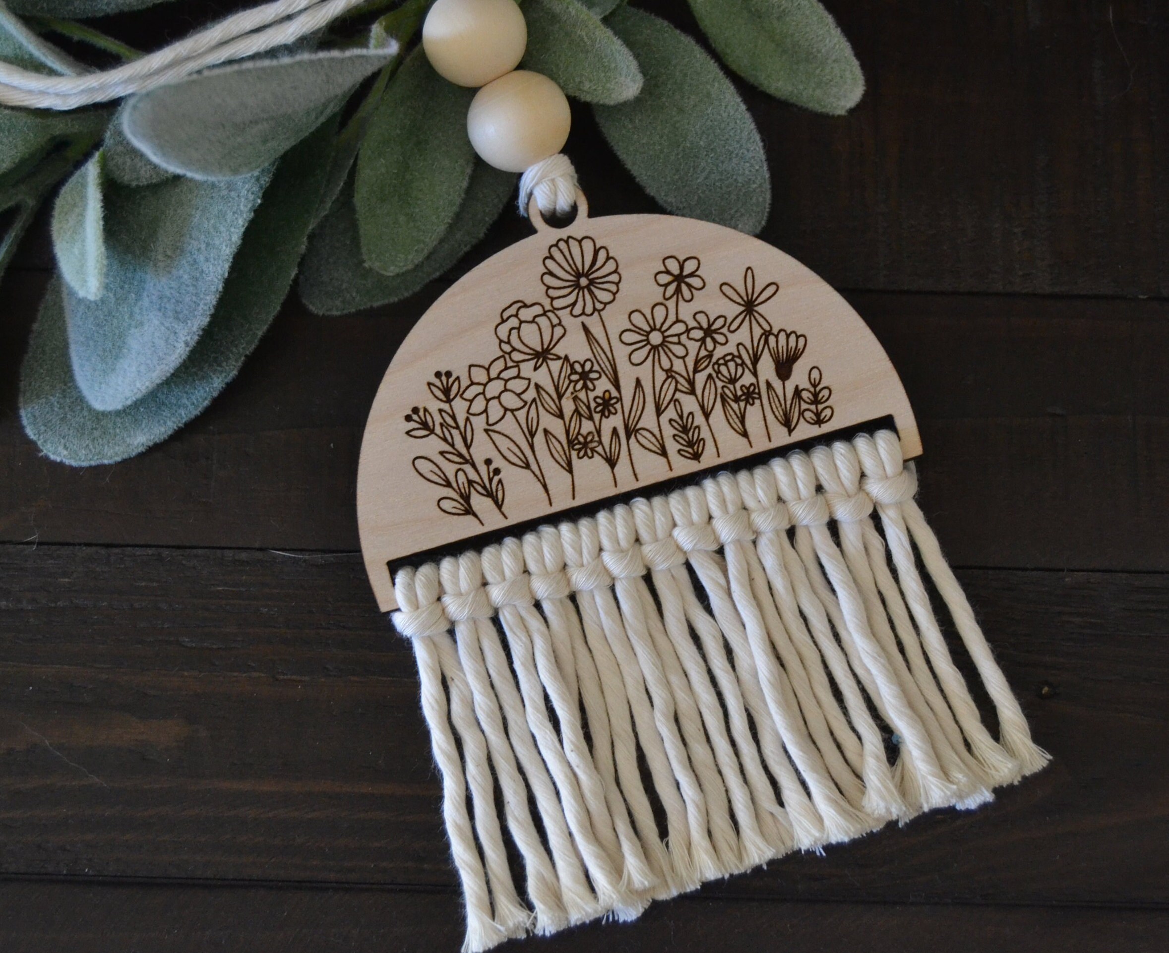 Car Charm - Rearview Mirror - Wildflowers - Macrame - Laser Engraved ...