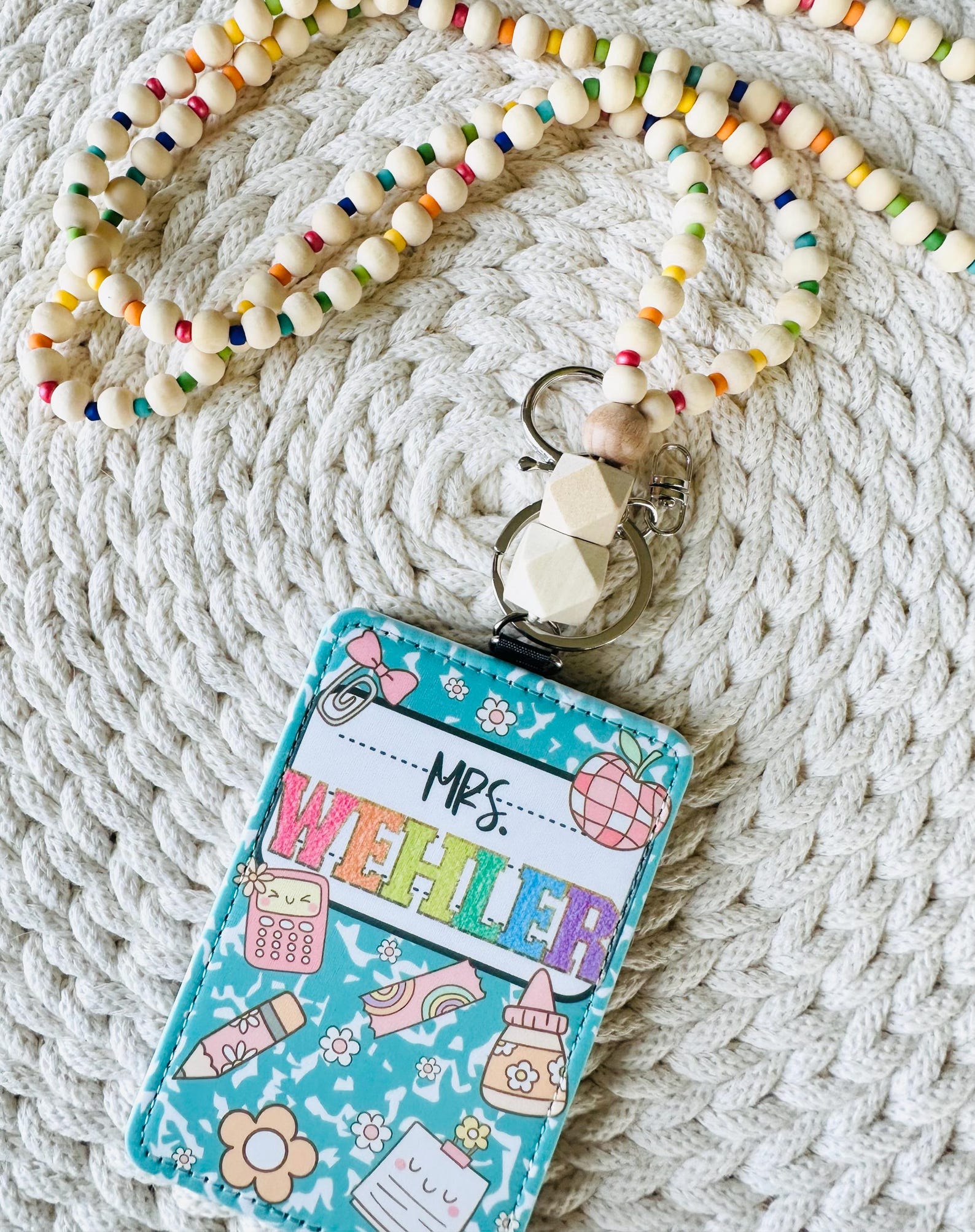 Teacher Lanyard With Composition Paper ID Holder: Beaded Faux Leather ...