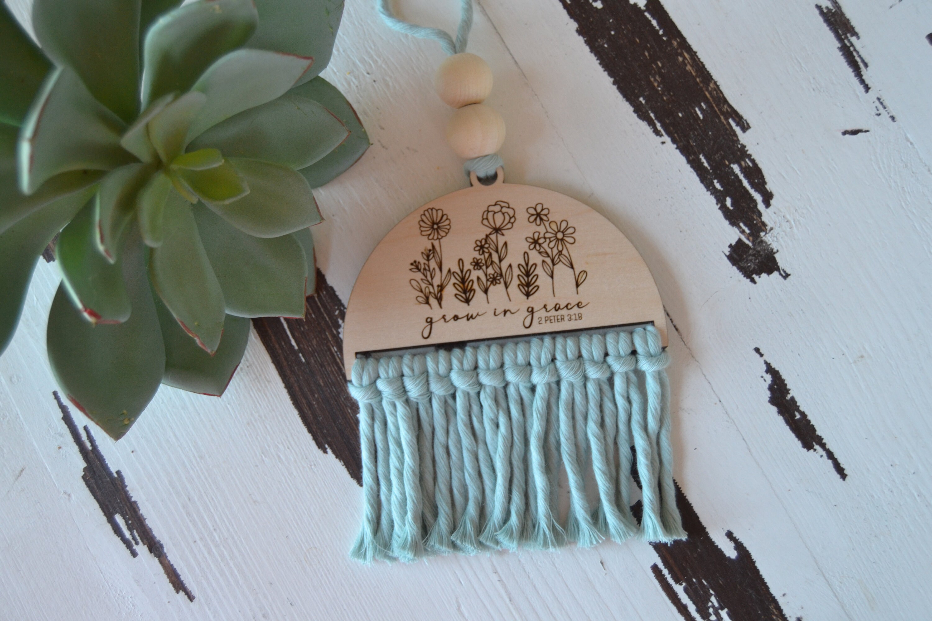 Car Charm Rearview Mirror Wildflowers Macrame Laser Engraved Grow in ...