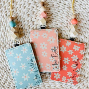 Lanyard - Card Holder - ID Card - Teacher Accessory - Daisy Lanyard - Daisy Card Holder - leather ID Holder