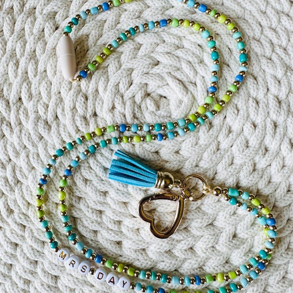 Custom Beaded Lanyard: Blue & Green Glass Beads, Gold Heart Keychain