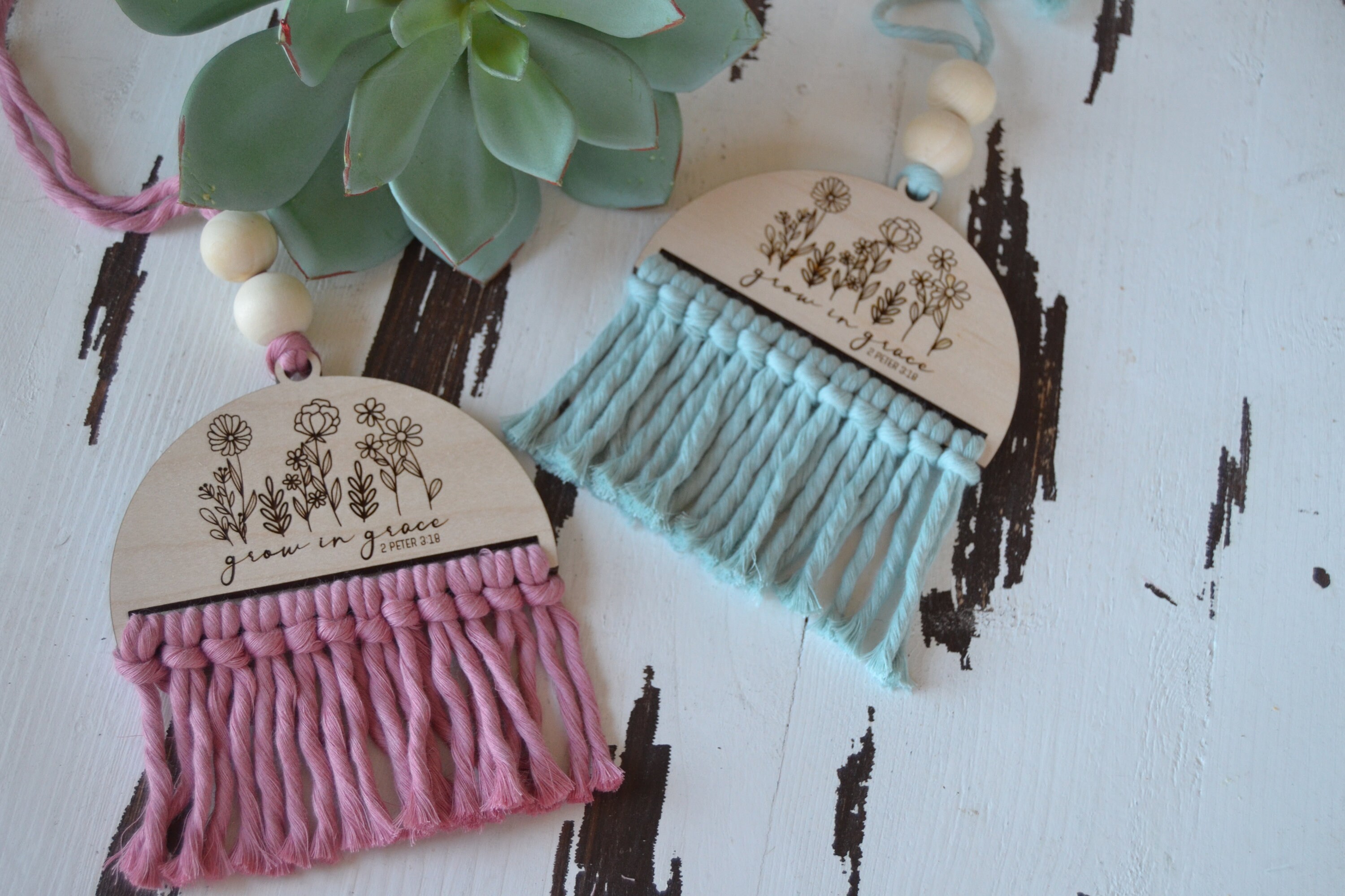 Car Charm Rearview Mirror Wildflowers Macrame Laser Engraved Grow in ...