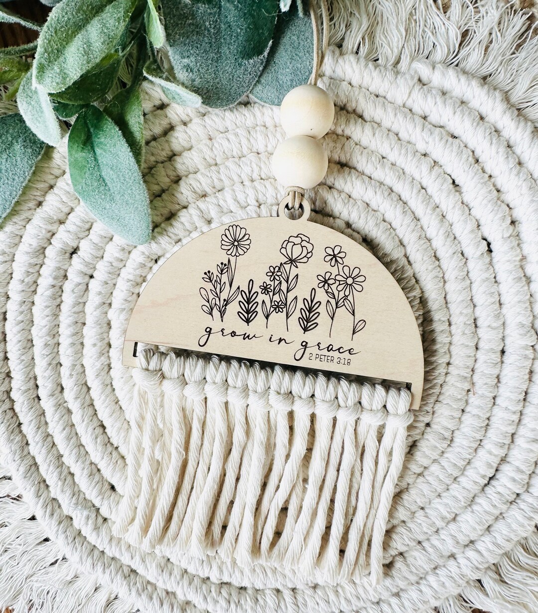 Car Charm - Rearview Mirror - Wildflowers - Macrame - Laser Engraved ...