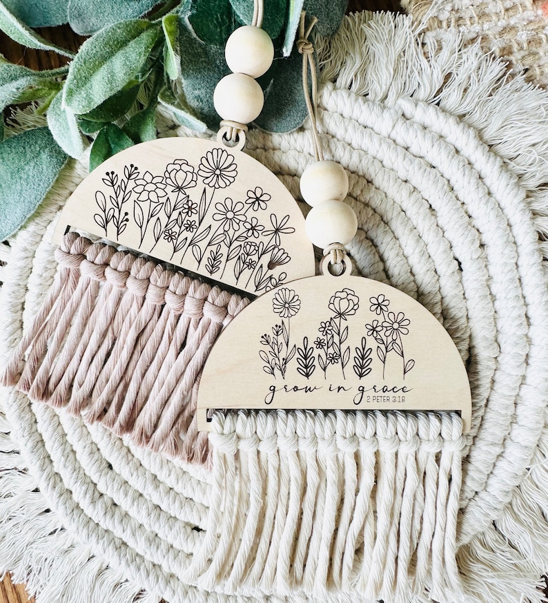 Car Charm - Rearview Mirror - Wildflowers - Macrame - Laser Engraved ...