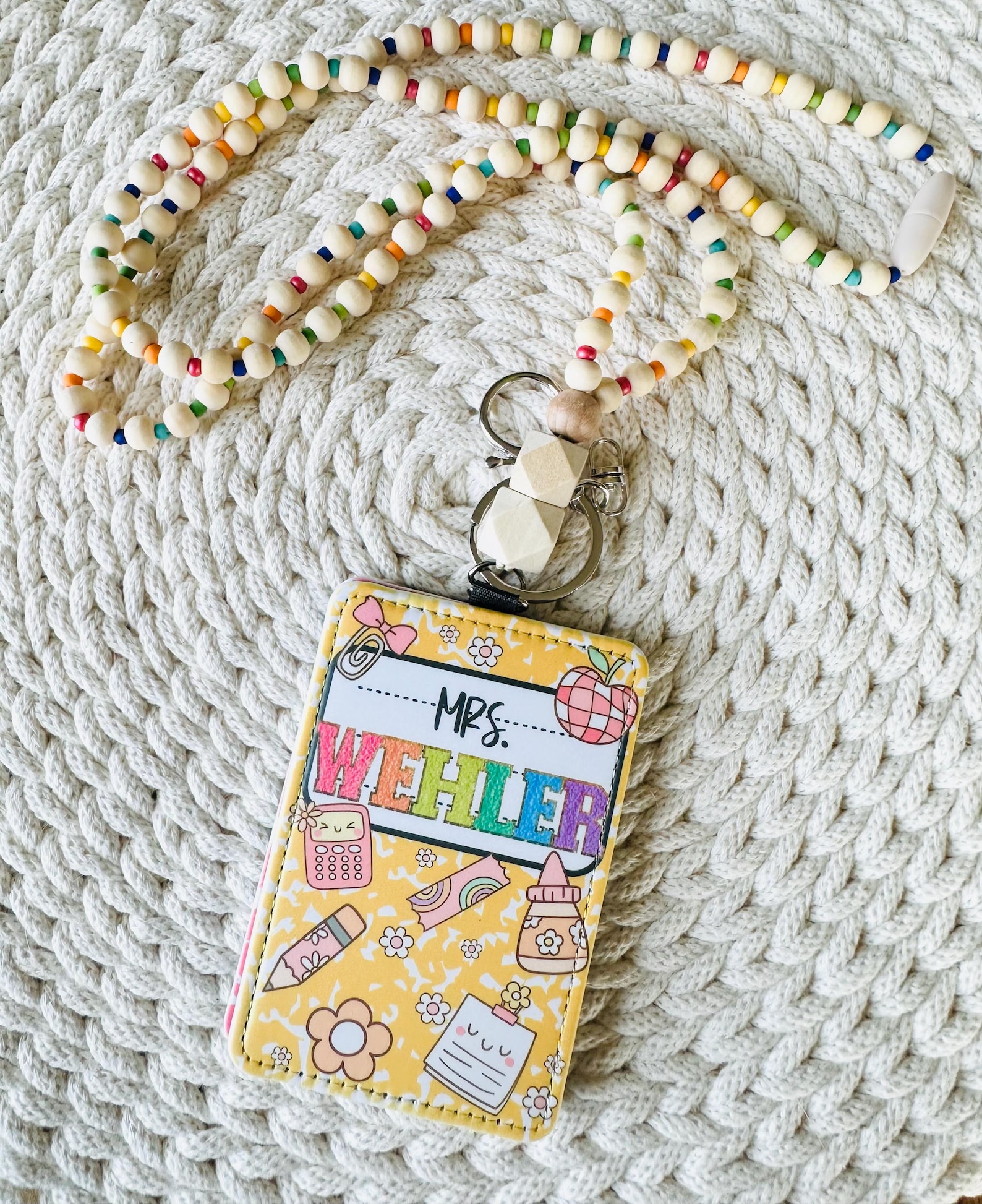 Teacher Lanyard With Composition Paper ID Holder: Beaded Faux Leather ...