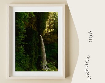 May include: A framed photograph of a waterfall cascading down a rocky cliff face, surrounded by lush green foliage. The sunlight shines through the trees, creating a bright spot in the image.