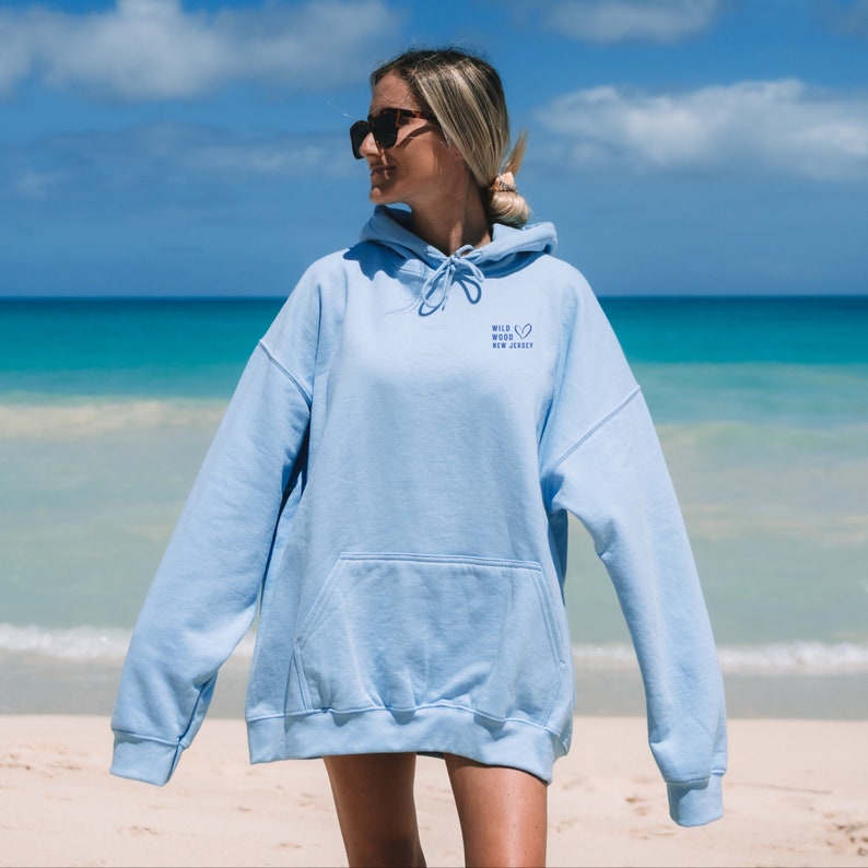 May include: A light blue hoodie with a pocket on the front. The hoodie has a drawstring hood and the text "WILD HEART NEW JERSEY" with a heart symbol in blue.